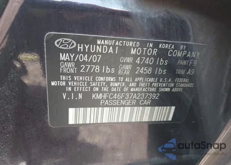 2007 Hyundai Azera Limited/Se from USA, damaged, VIN KMHFC46F37A237392